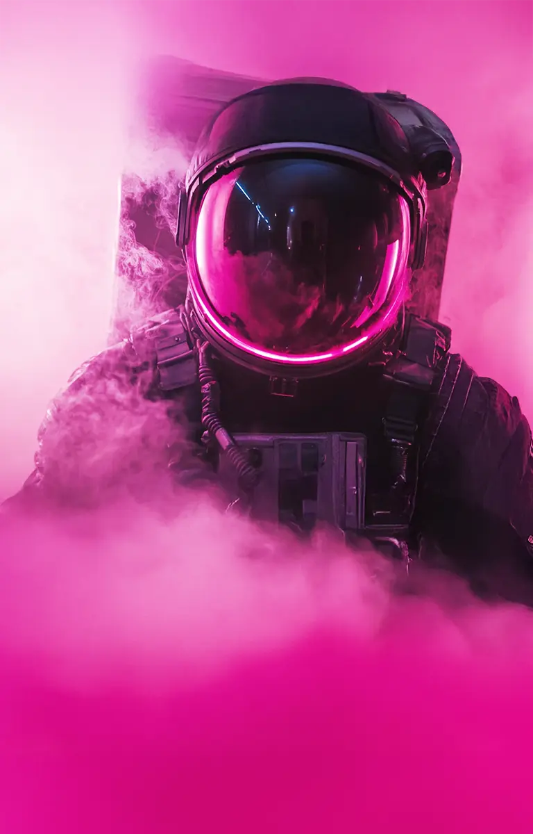 Astronaut floating through pink smoke — Widely Interactive hero
