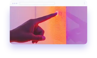 Computer monitor with hand pointing at screen