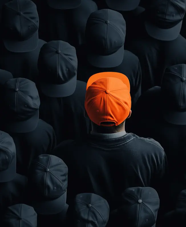 Man standing out in orange hat in a crowd of people wearing all black